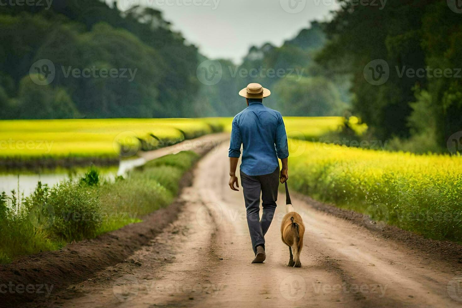 un' uomo a piedi il suo cane giù un' sporco strada. ai-generato foto