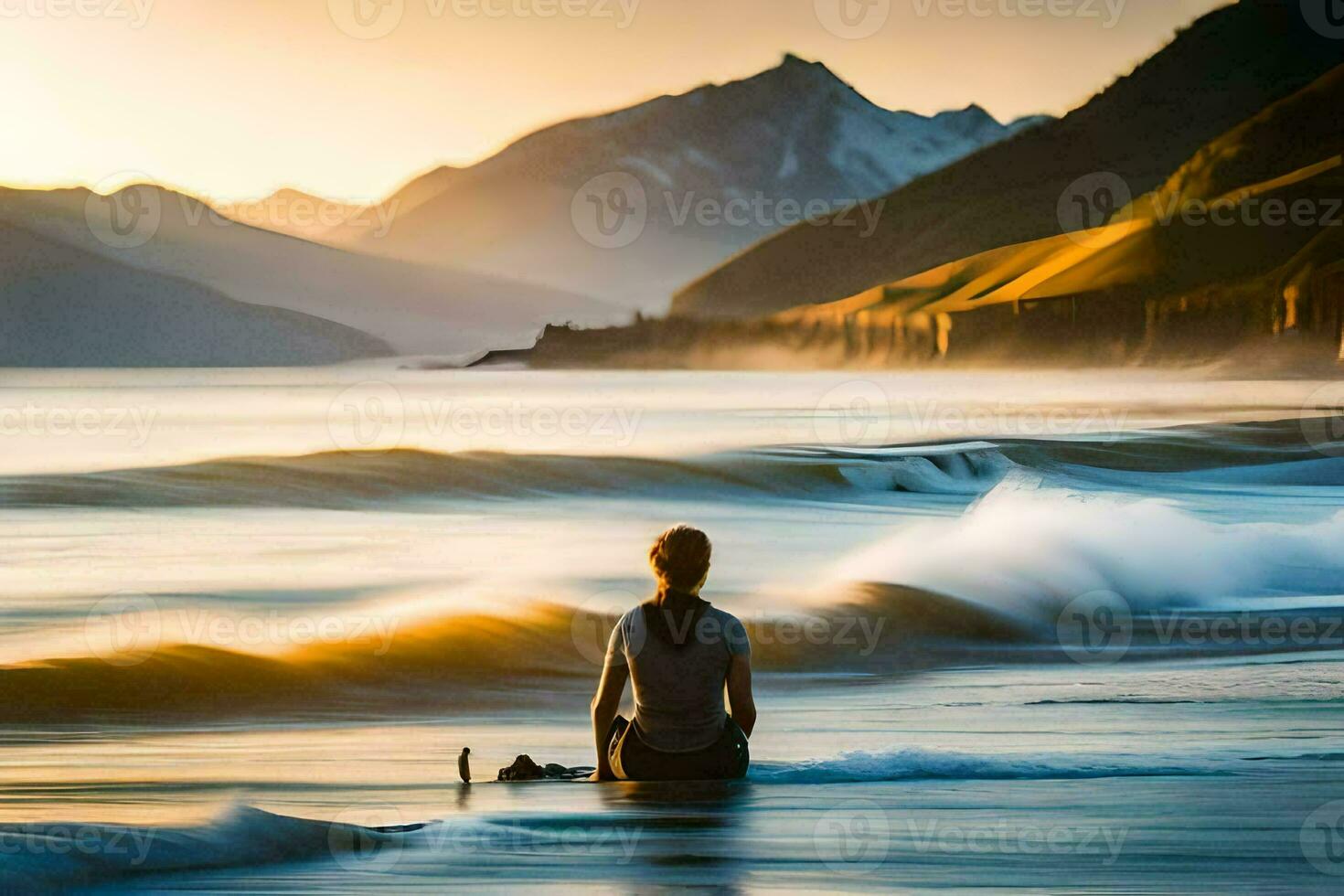 un' uomo seduta su il spiaggia nel davanti di onde. ai-generato foto