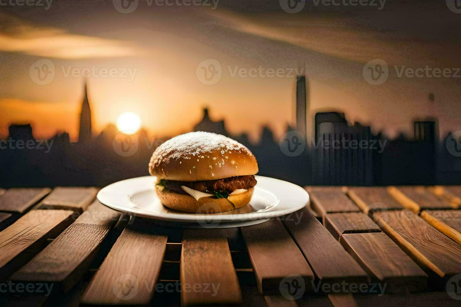 un' Hamburger su un' piatto con un' paesaggio urbano nel il sfondo. ai-generato foto