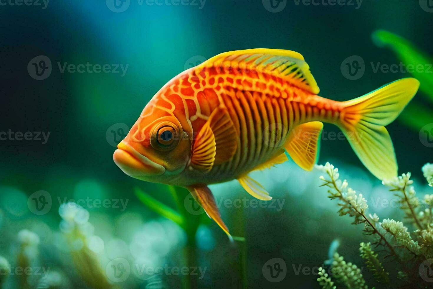 un' pesce nel un acquario con impianti. ai-generato foto