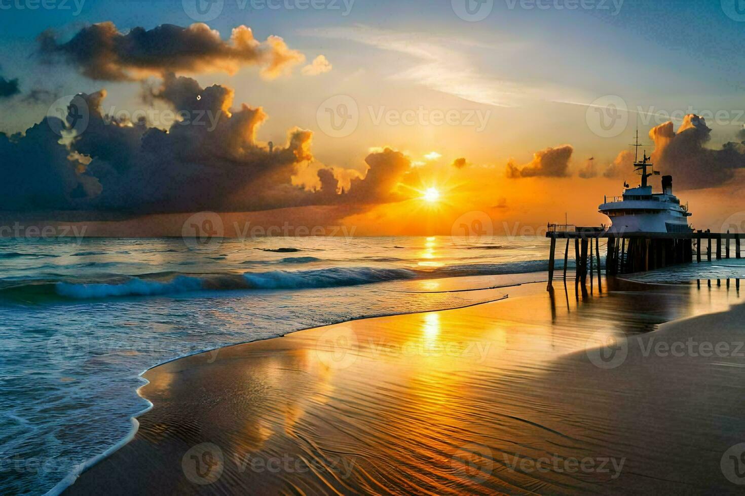 il sole imposta al di sopra di il oceano e molo a il spiaggia. ai-generato foto