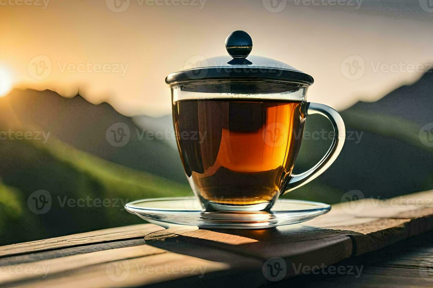 un' tazza di tè su un' di legno tavolo nel il montagne. ai-generato foto