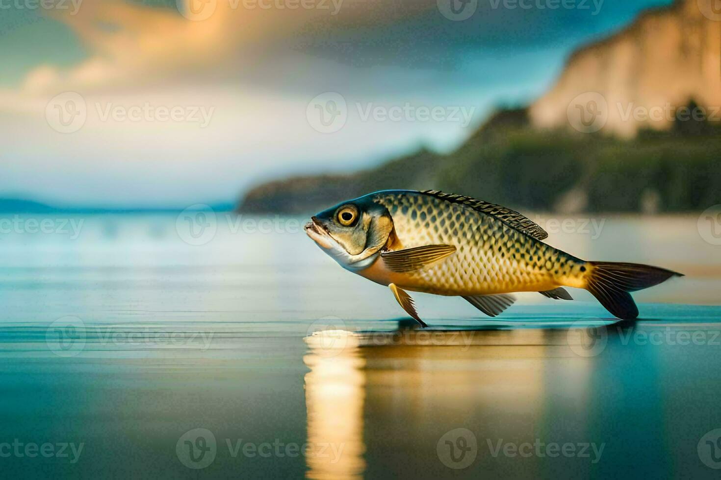 un' pesce è in piedi su il acqua nel davanti di un' montagna. ai-generato foto