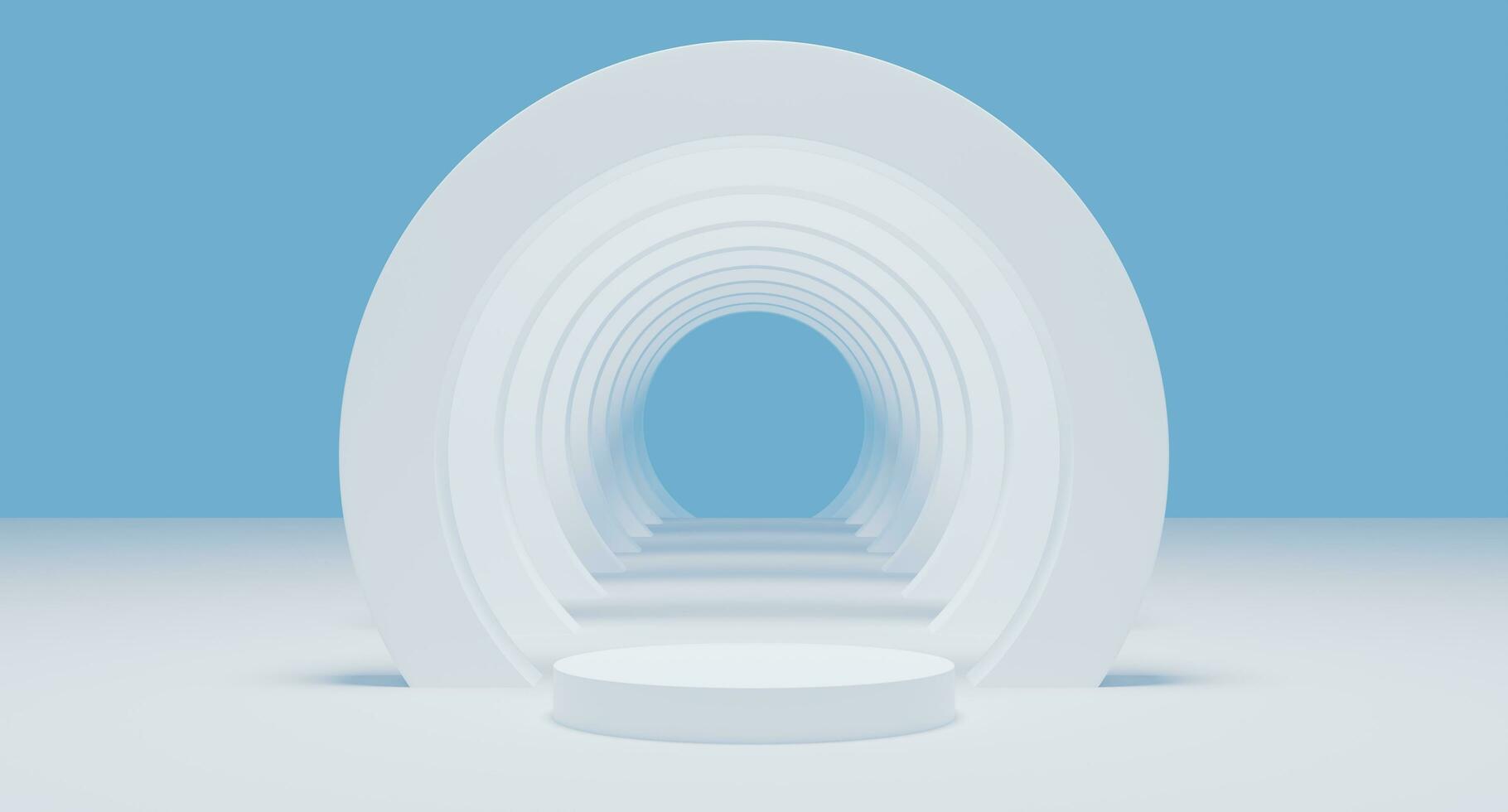 bianca parete vuoto cilindro pavimento 3d resa. bianca leggero luminosa cerchio nel podio minimo studio sfondo. astratto geometrico forma oggetto su blu illustrazione. minimo concetto foto