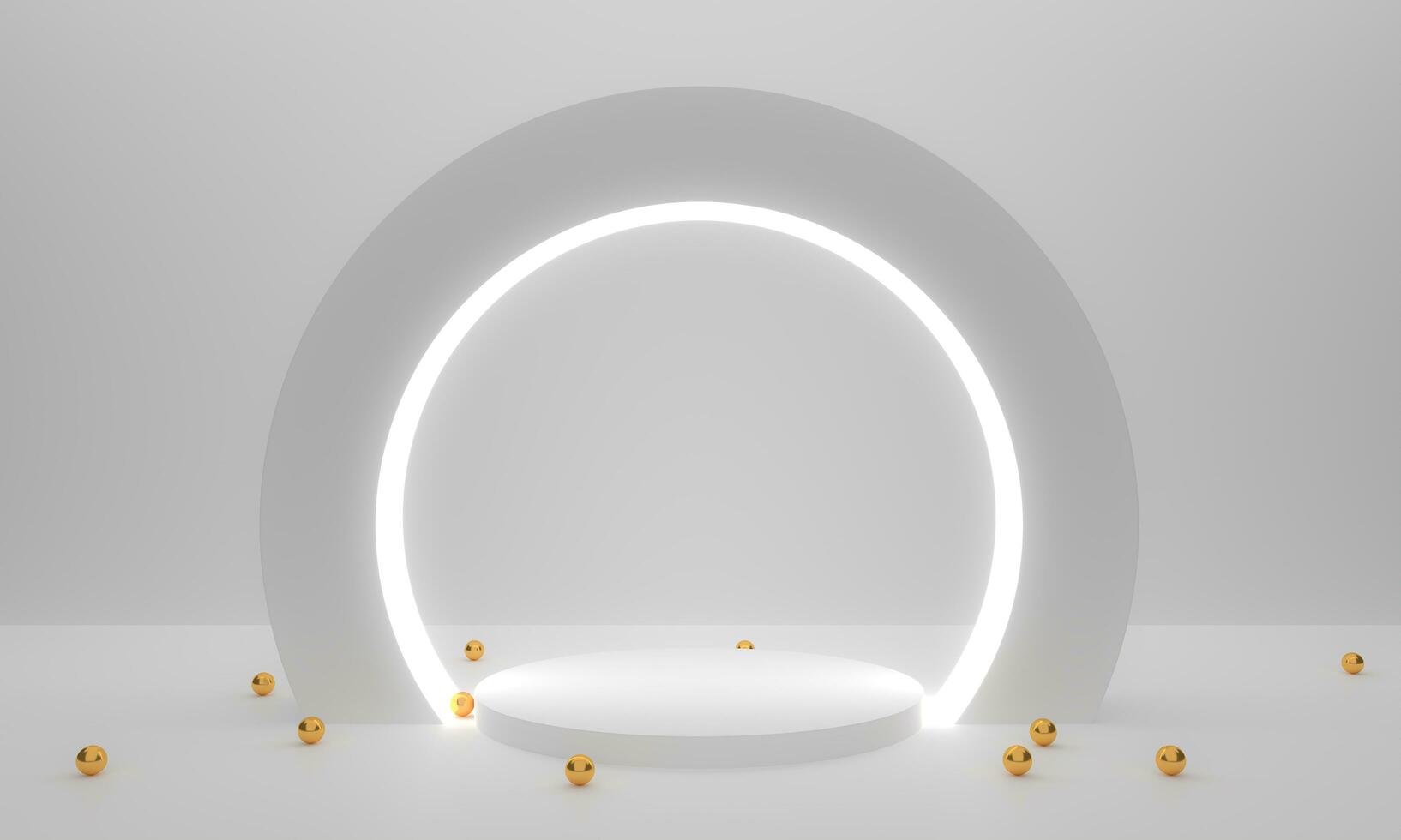 moderno minimo scena con geometrico cerchio. cilindro cerchio neon su podi nel bianca sfondo. scena In piedi per mostrare cosmetico Prodotto, vetrina, vetrina, Schermo. 3d interpretazione sfere palla d'oro foto