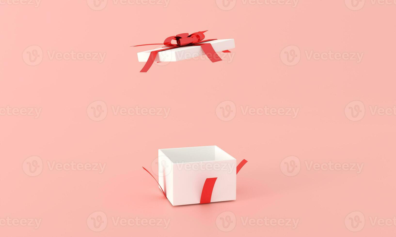 Aperto Natale regalo scatola per Prodotto annuncio pubblicitario su rosso o rosa sfondo, 3d interpretazione illustrazione. vacanza striscione, ragnatela manifesto, volantino, elegante opuscolo, saluto carta, natale sfondo foto