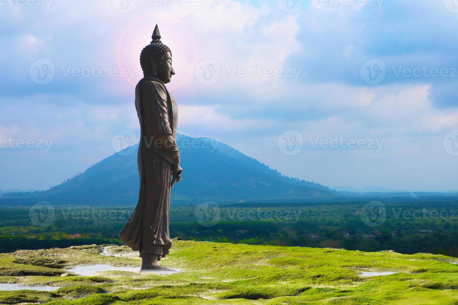 buddha che guarda lontano dalla montagna foto