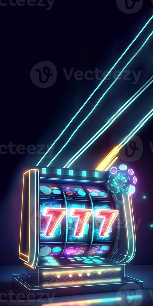 neon fessura macchina con 777 montepremi e diffusione luci su buio sfondo. casinò gioco concetto, generativo ai tecnologia. foto