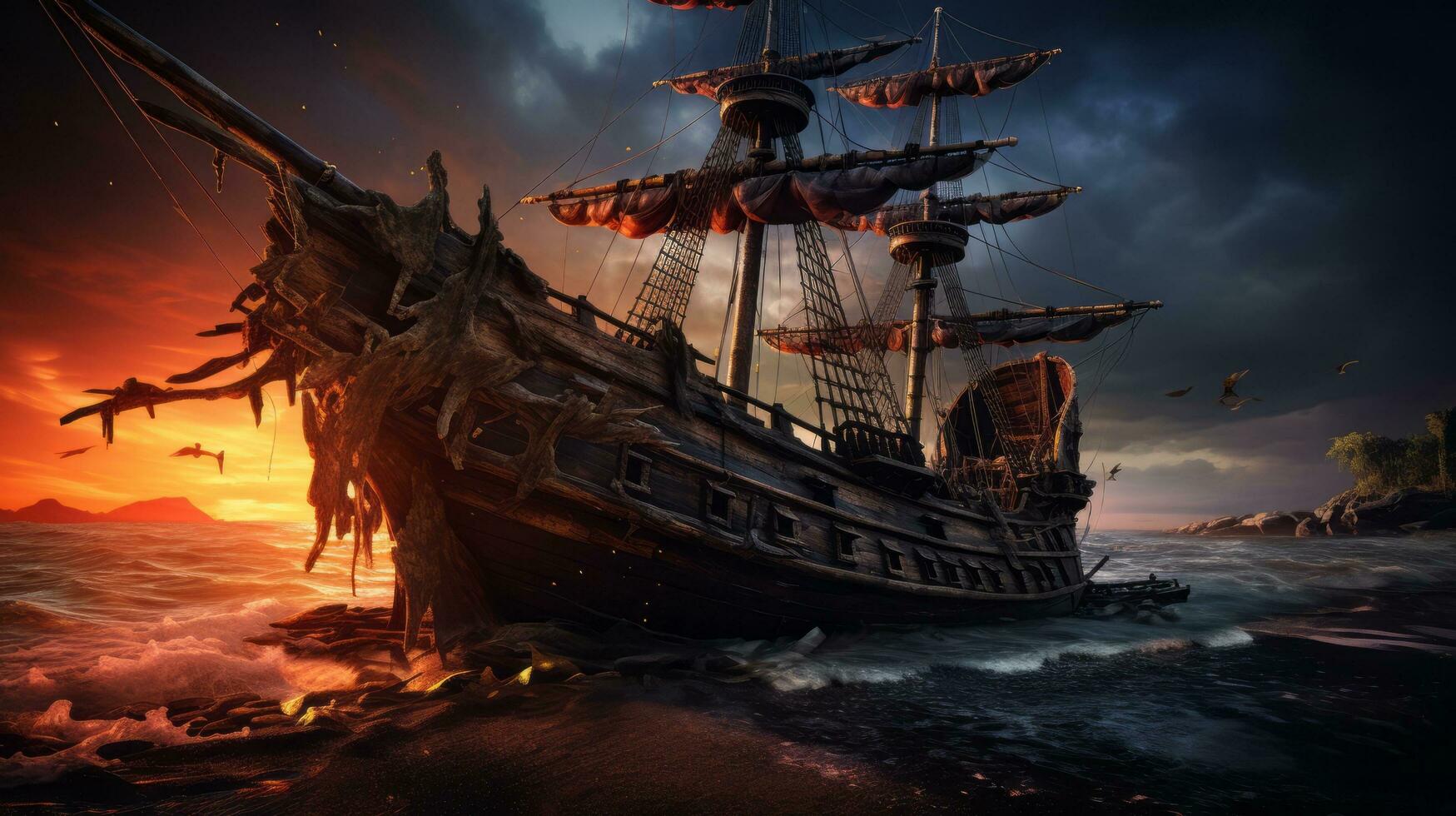 un' pirata nave nel il oceano a tramonto ai generativo foto