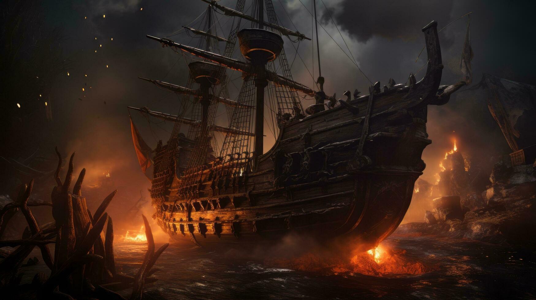 un' pirata nave nel il oceano con fiamme ai generativo foto