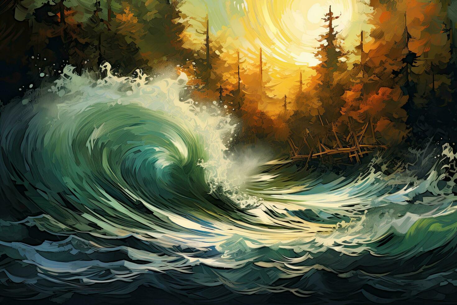illustrazione di un' mare onda nel il foresta a tramonto, vettore illustrazione, digitale astratto impressionismo pittura di di marea onda e bosco collisione nel natura, ai generato foto