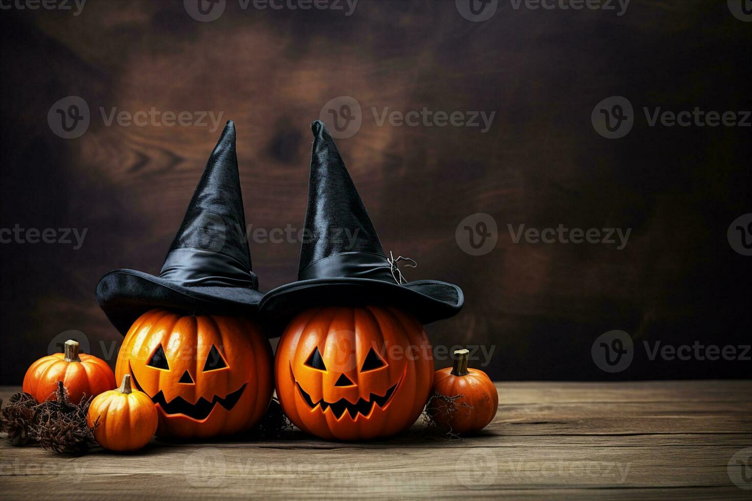 spaventoso vacanza decorazione streghe cappelli adornano zucca nel isolato Halloween festivo scena, generativo ai foto