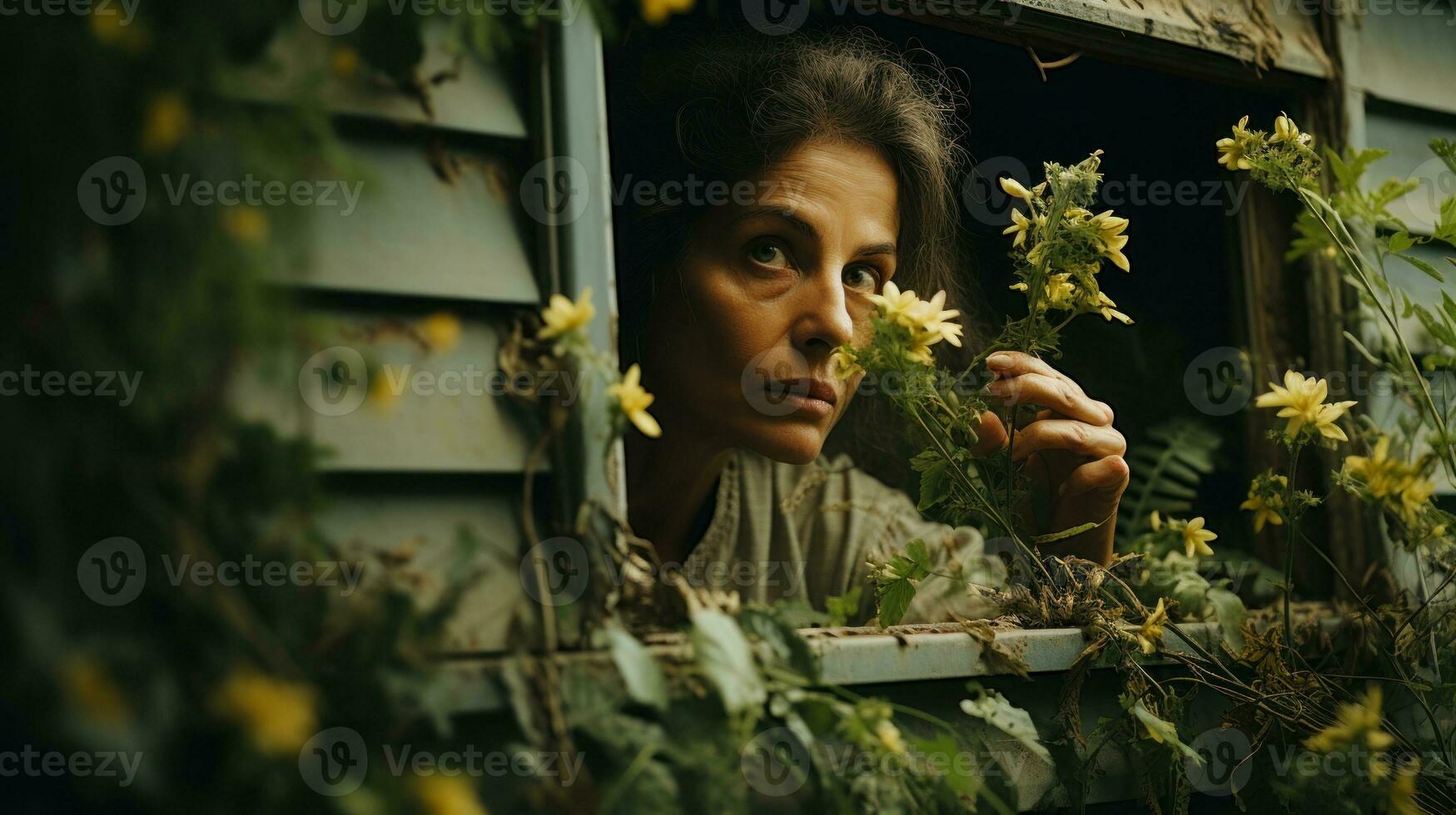 ritratto di amentalmente instabile e malato donna nel il finestra. mentale disturbi concetto. pazzo persona. foto