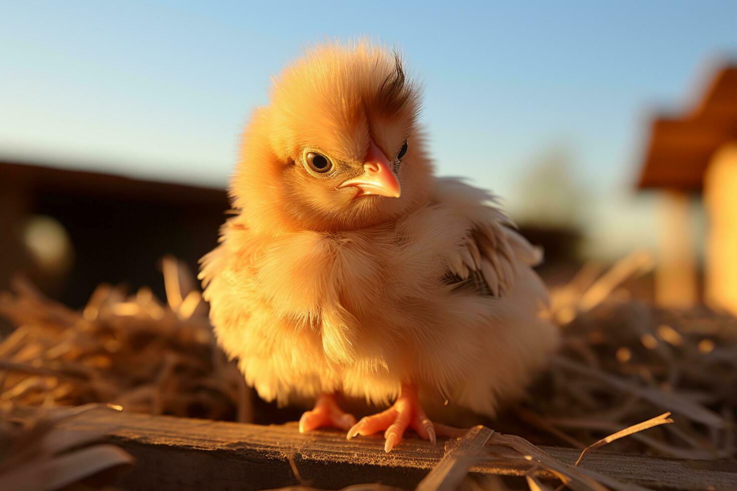 un' bambino pollo è in piedi su un' mucchio di fieno generativo ai foto