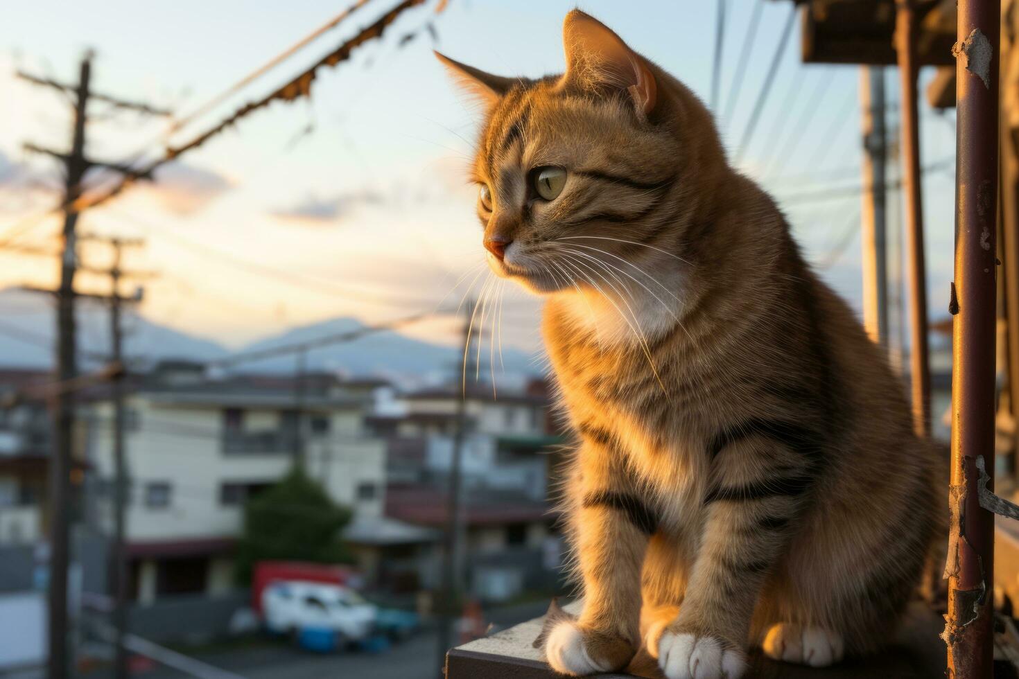 un' gatto seduta su un' ripiano prospiciente il città a tramonto generativo ai foto