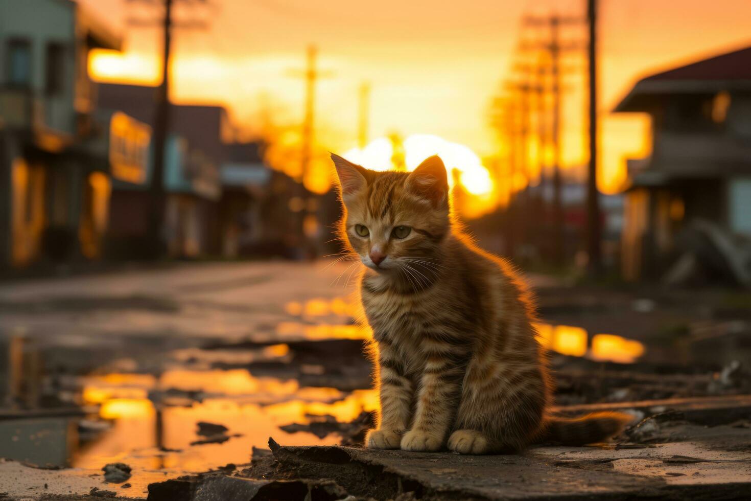 un' gatto seduta su il terra nel davanti di un' tramonto generativo ai foto