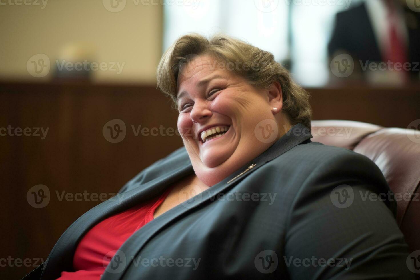 un' donna nel un' completo da uomo è ridendo mentre seduta nel un' sedia generativo ai foto