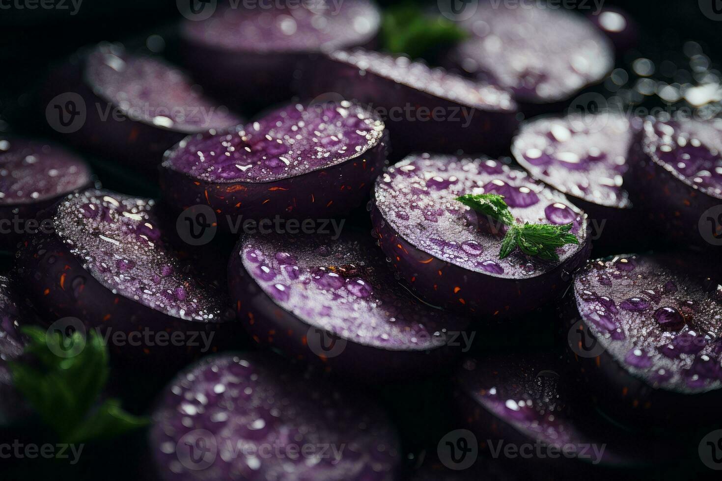 un' vicino su di viola patate con acqua goccioline su loro generativo ai foto