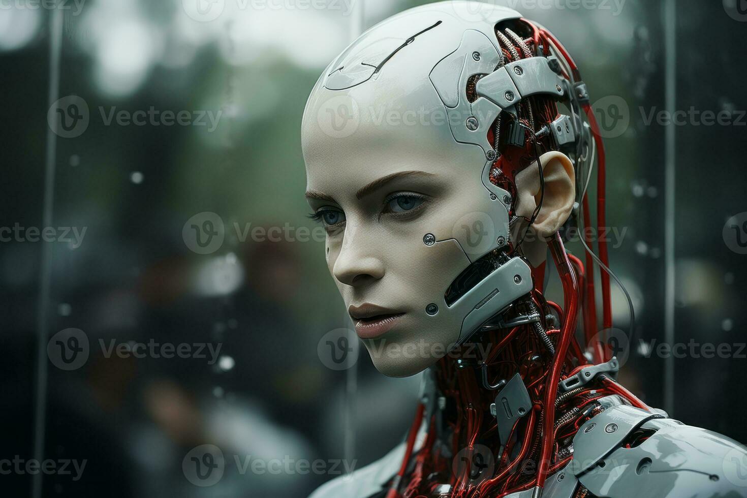 un' femmina robot con rosso fili su sua testa generativo ai foto
