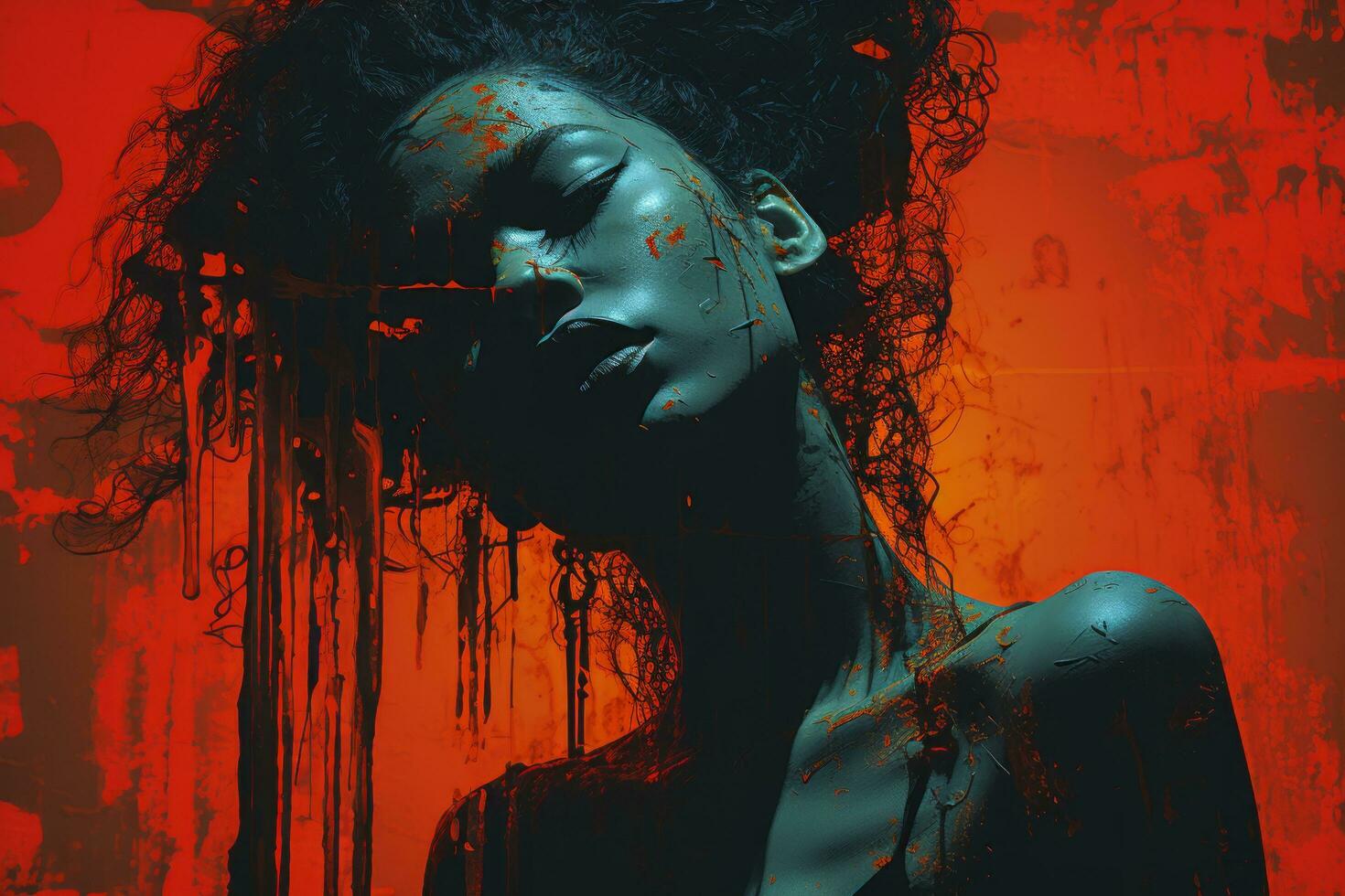 un' pittura di un' donna con sangue gocciolante giù sua viso generativo ai foto