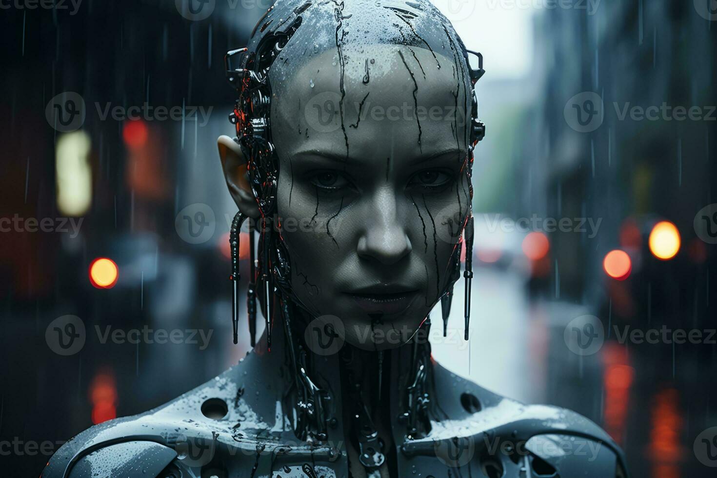 un' donna nel il pioggia con un' robot testa generativo ai foto
