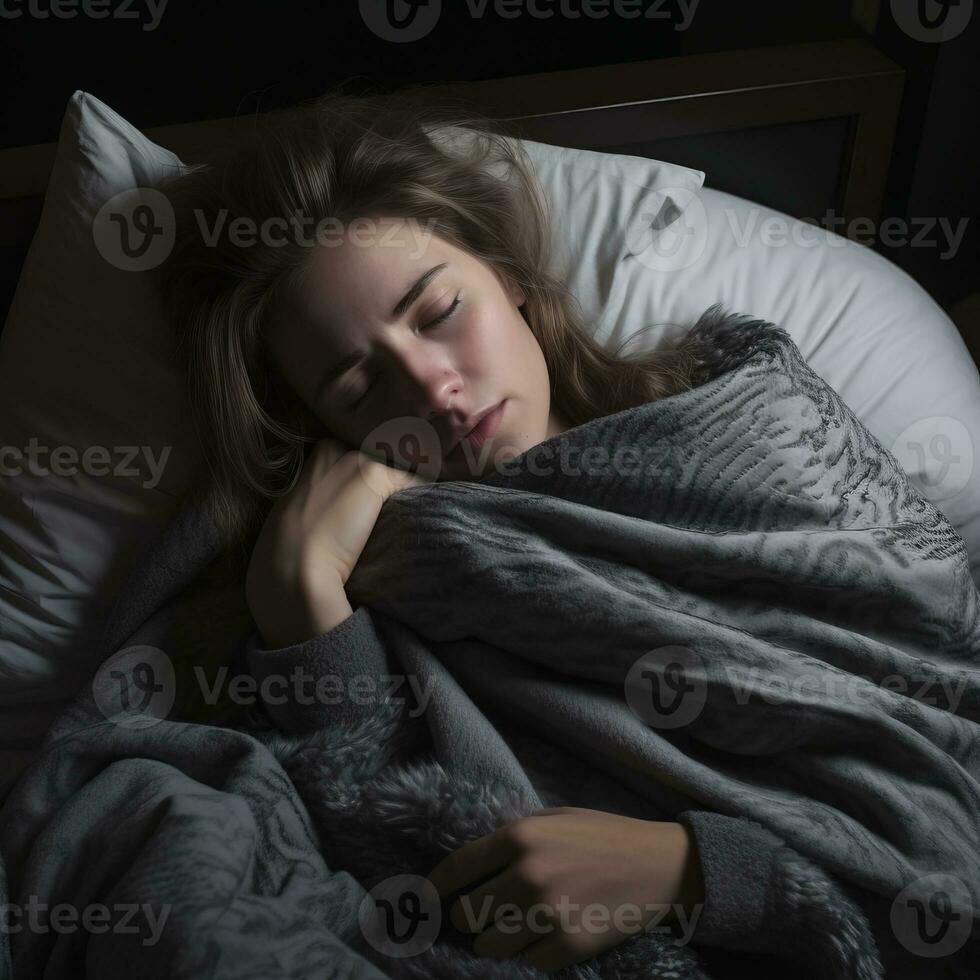 un' donna è addormentato nel letto con sua occhi chiuso generativo ai foto
