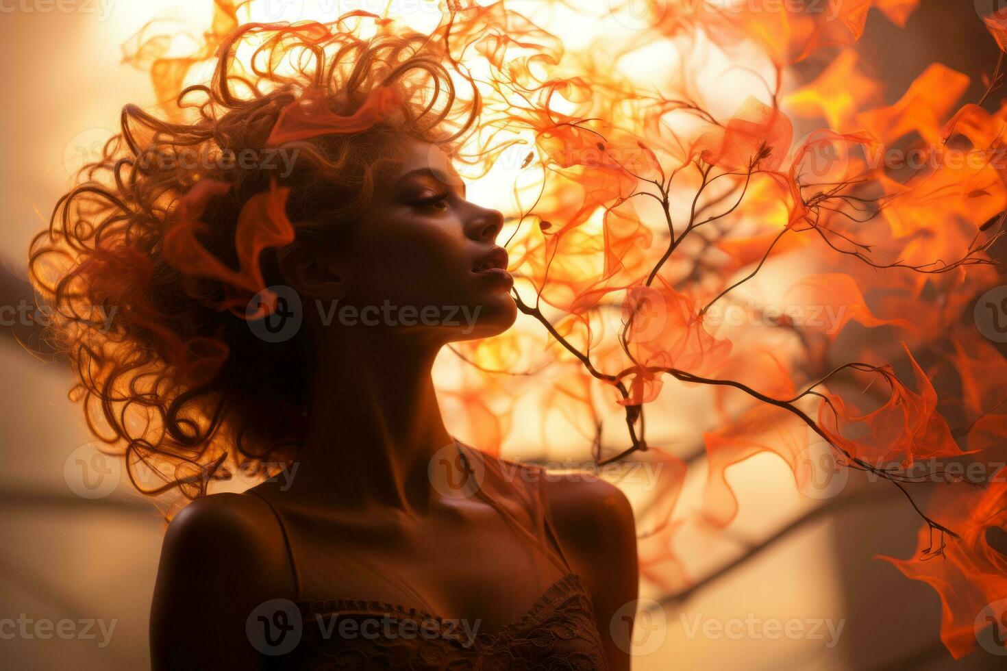 un' donna con rosso capelli e arancia capelli è nel davanti di un' fuoco generativo ai foto