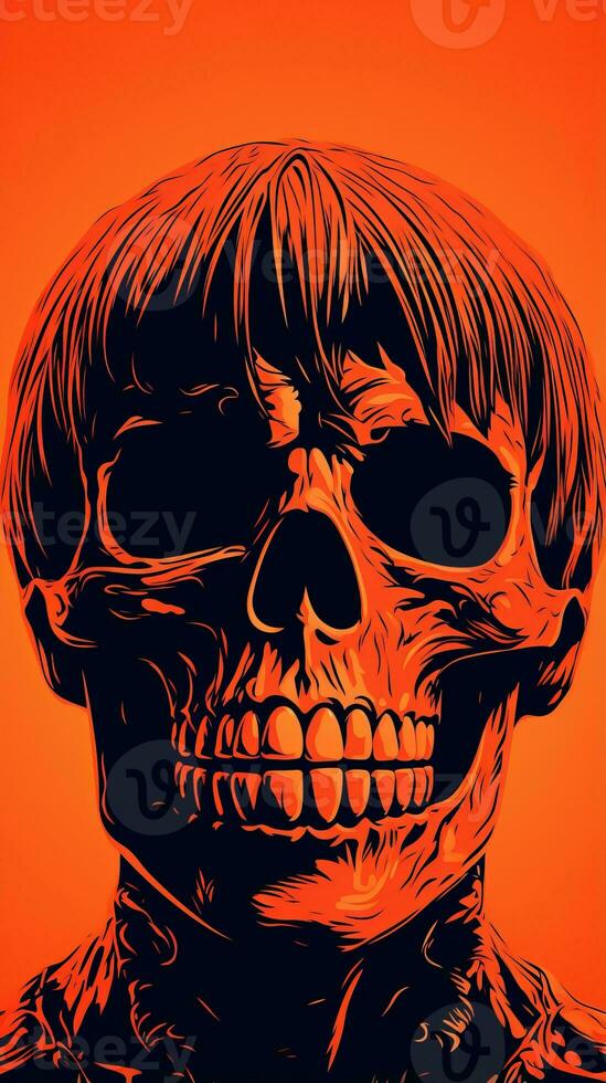 un arancia e nero manifesto con un' cranio su esso generativo ai foto