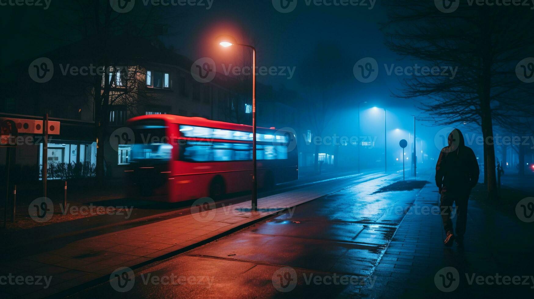 un' persona a piedi giù un' strada a notte con un' rosso Doppio decker autobus generativo ai foto