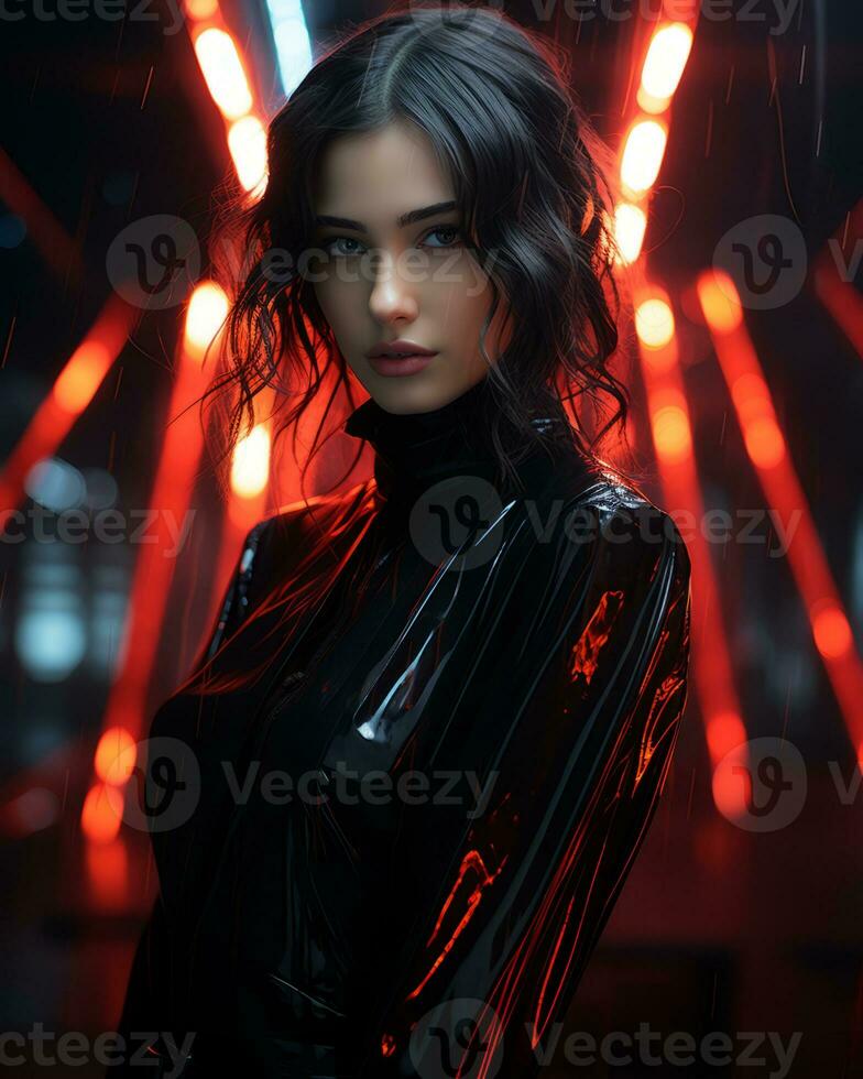 un' donna nel un' nero pelle attrezzatura con rosso luci generativo ai foto