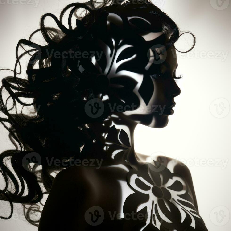 il silhouette di un' donna con lungo capelli e un' fiore modello su sua viso generativo ai foto