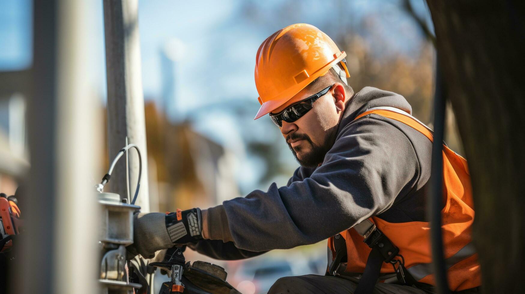 lavoratore riparazione elettrico fili su un' energia linea foto