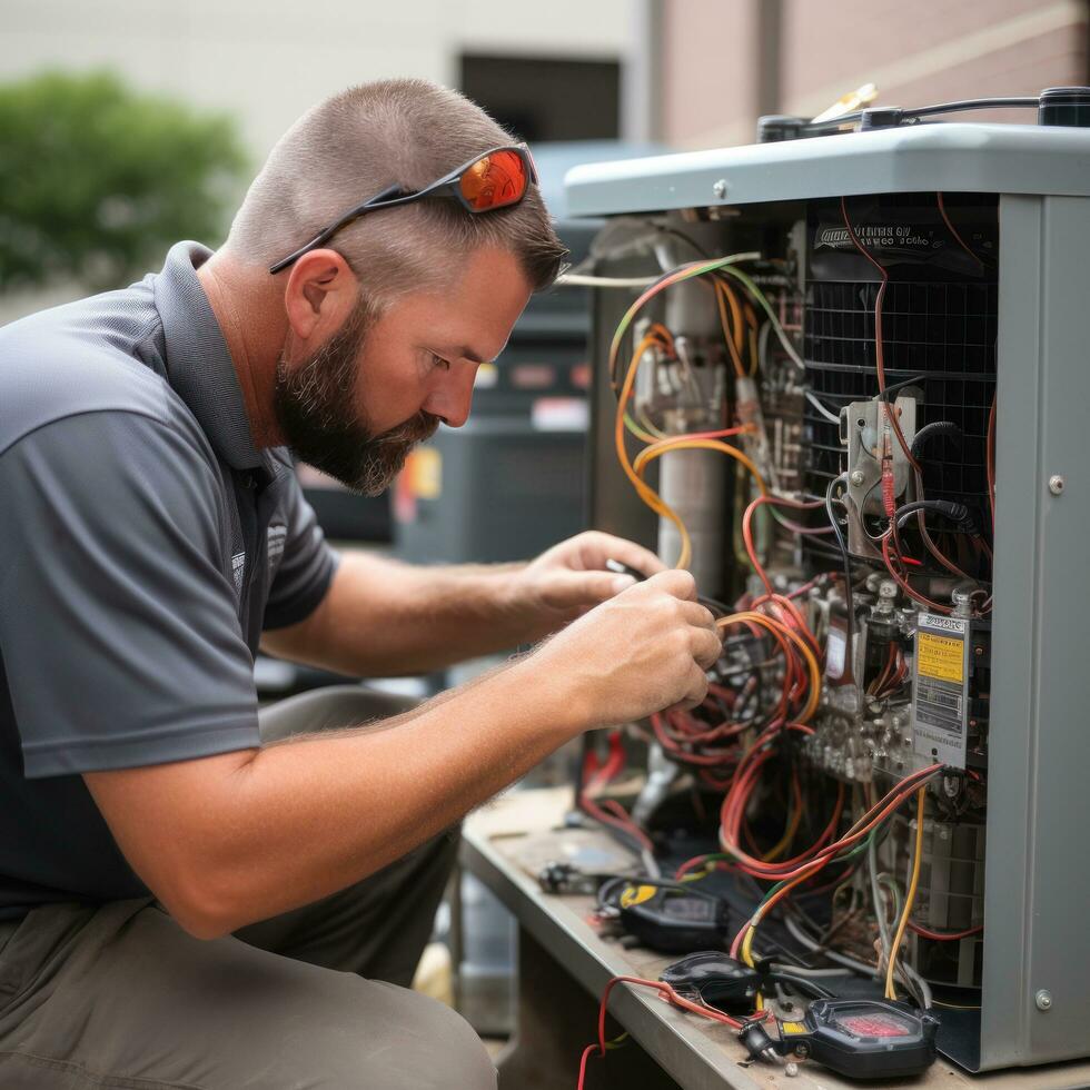 HVAC tecnico manutenzione un aria condizionata unità foto