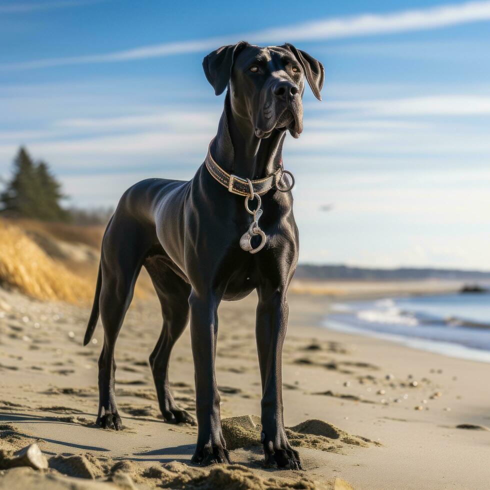 un' maestoso grande dane in piedi su un' spiaggia con un' nero guinzaglio foto