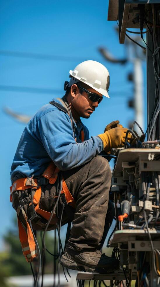 lavoratore riparazione elettrico fili su un' energia linea foto