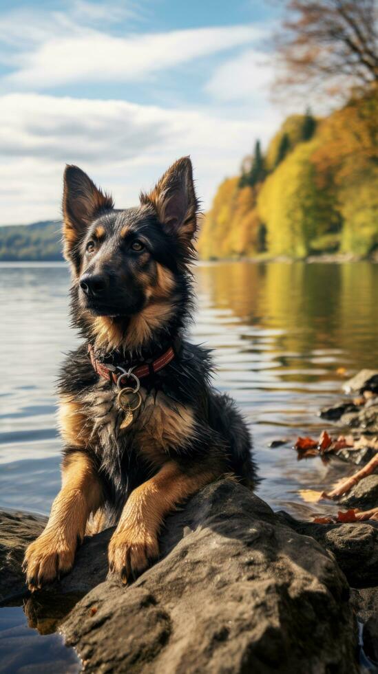 un' leale Tedesco pastore seduta di un' lago con un' Marrone guinzaglio foto