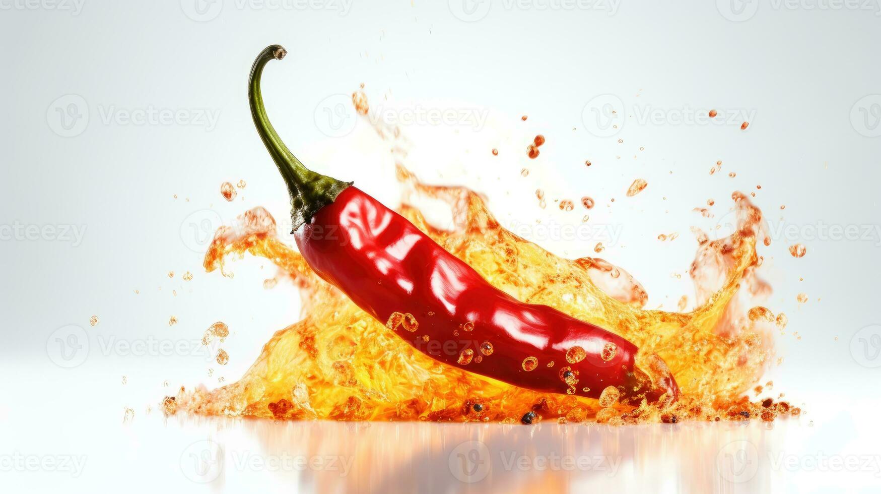 rosso caldo chili peperoni nel caldo licenziare cucinando olio con fiamma isolato su bianca sfondo. ai generato foto