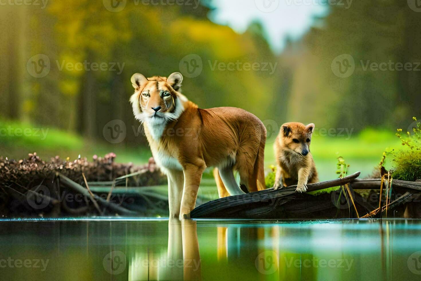 un' madre e sua cucciolo in piedi nel il acqua. ai-generato foto