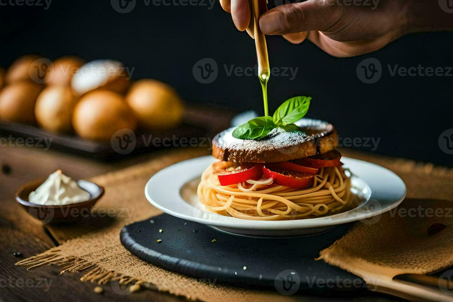 un' persona è immersione un' pezzo di pane in un' pomodoro e formaggio Sandwich. ai-generato foto