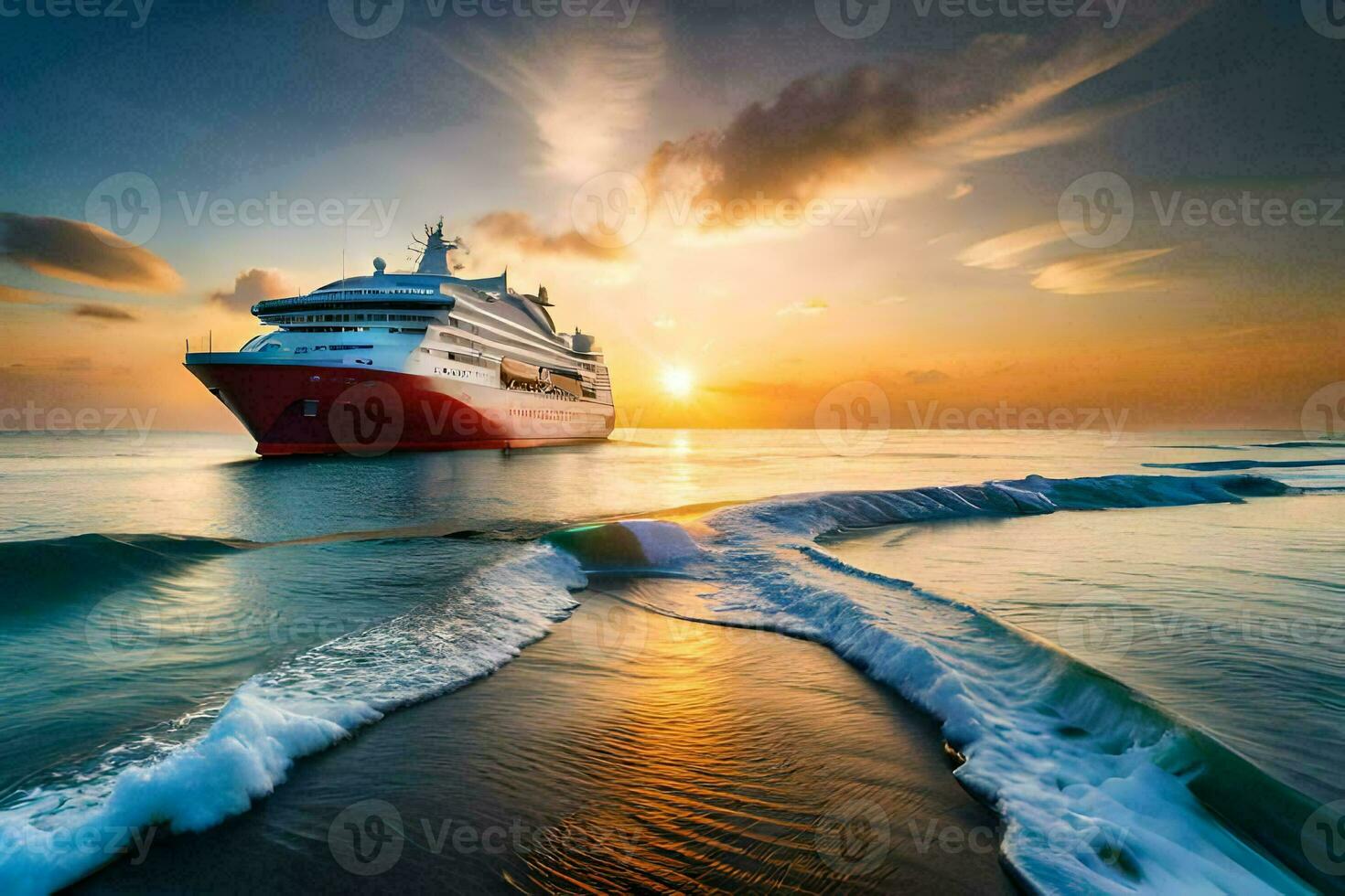 un' crociera nave nel il oceano a tramonto. ai-generato foto