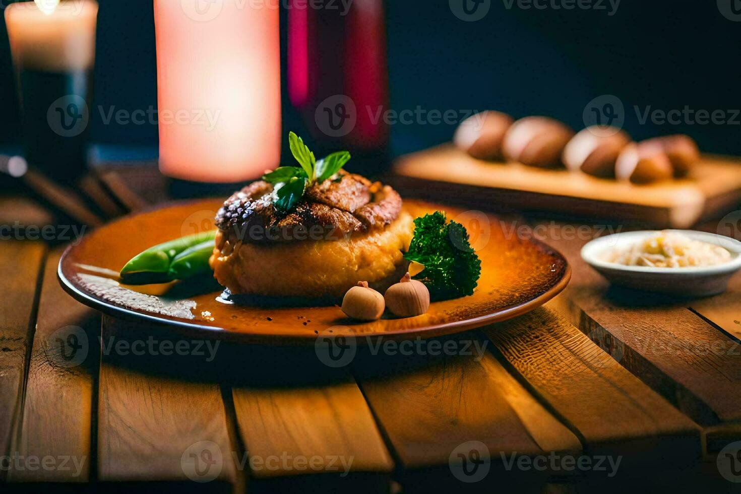 un' piatto con un' pezzo di carne e verdure. ai-generato foto