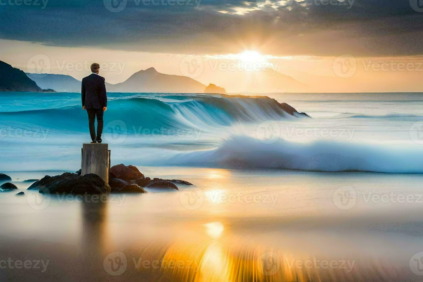 un' uomo in piedi su un' roccia nel davanti di il oceano. ai-generato foto
