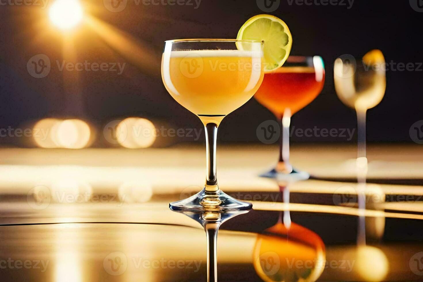 tre diverso cocktail sedersi su un' tavolo con un' leggero dietro a loro. ai-generato foto