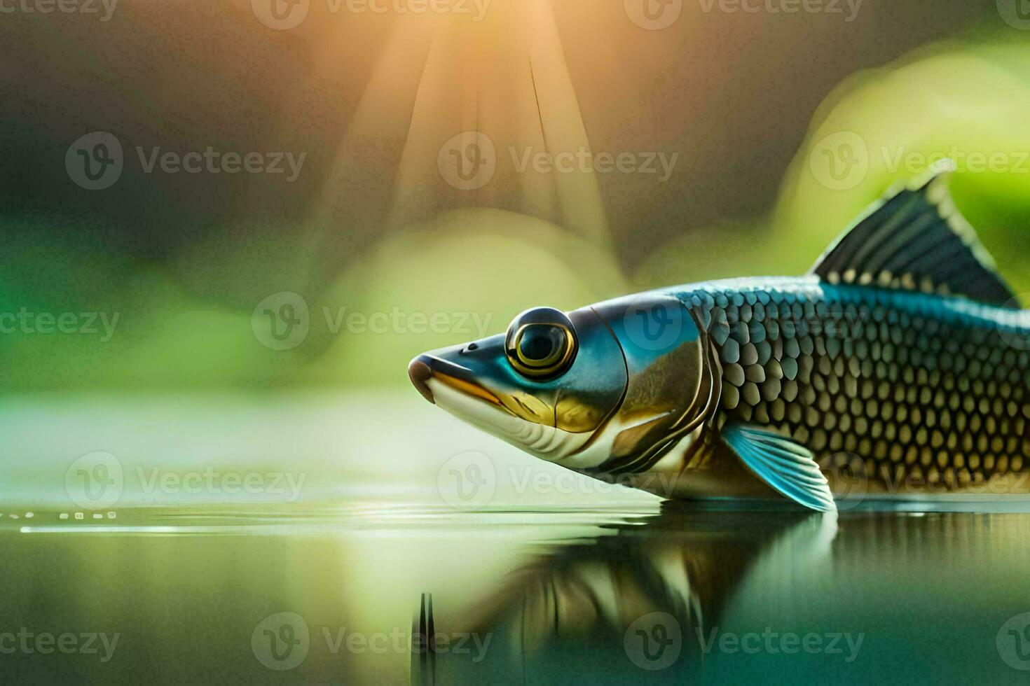 un' pesce è galleggiante su il acqua con il sole splendente. ai-generato foto