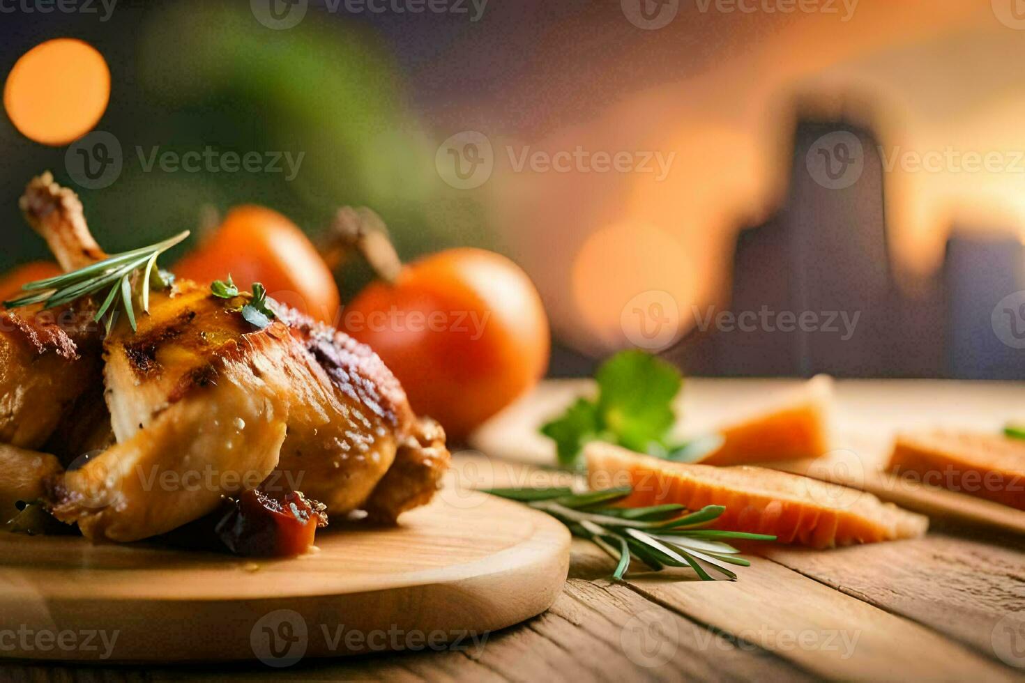 pollo su un' di legno taglio tavola con arancia fette e erbe aromatiche. ai-generato foto