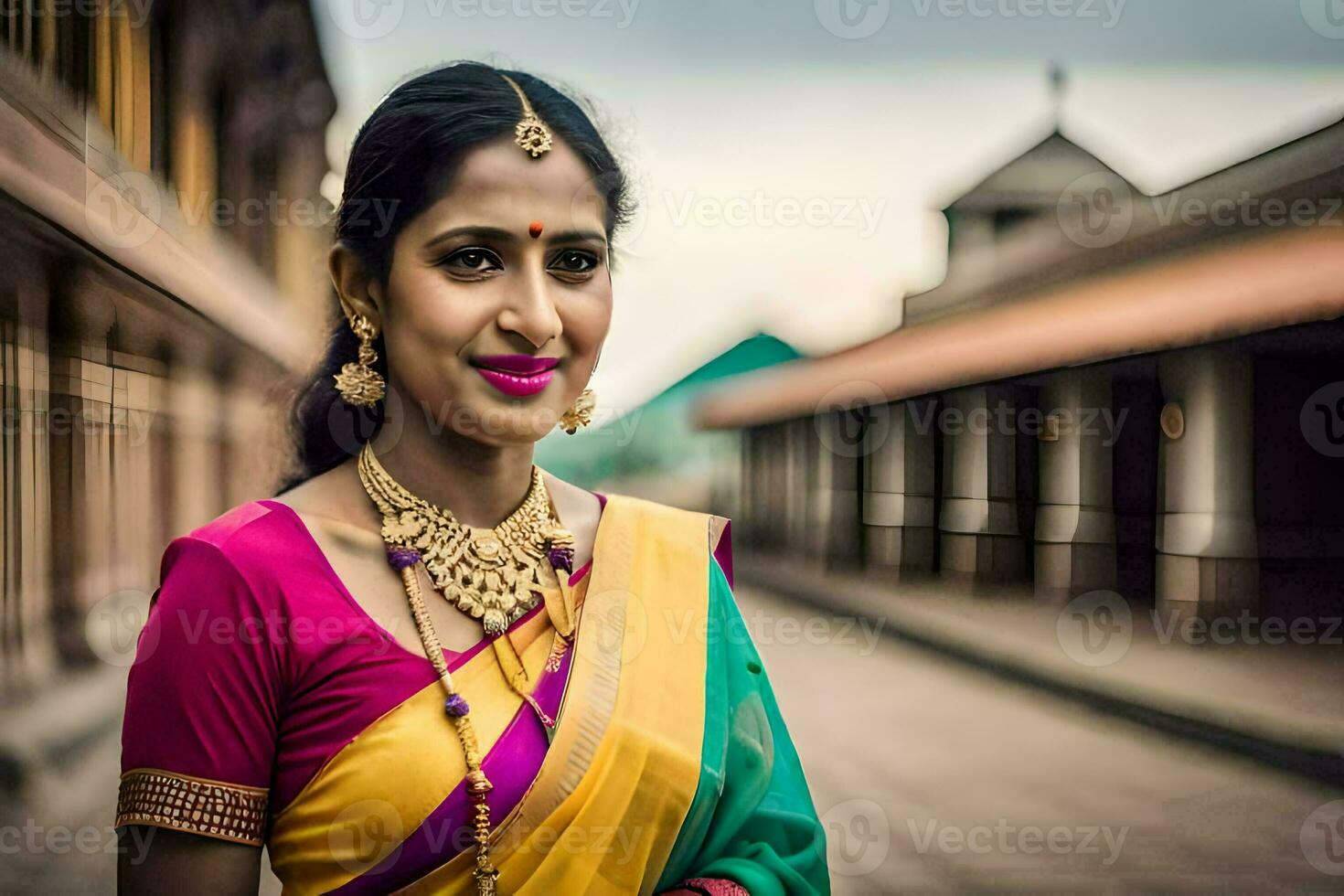 un' donna nel un' colorato sari pose per un' foto. ai-generato foto