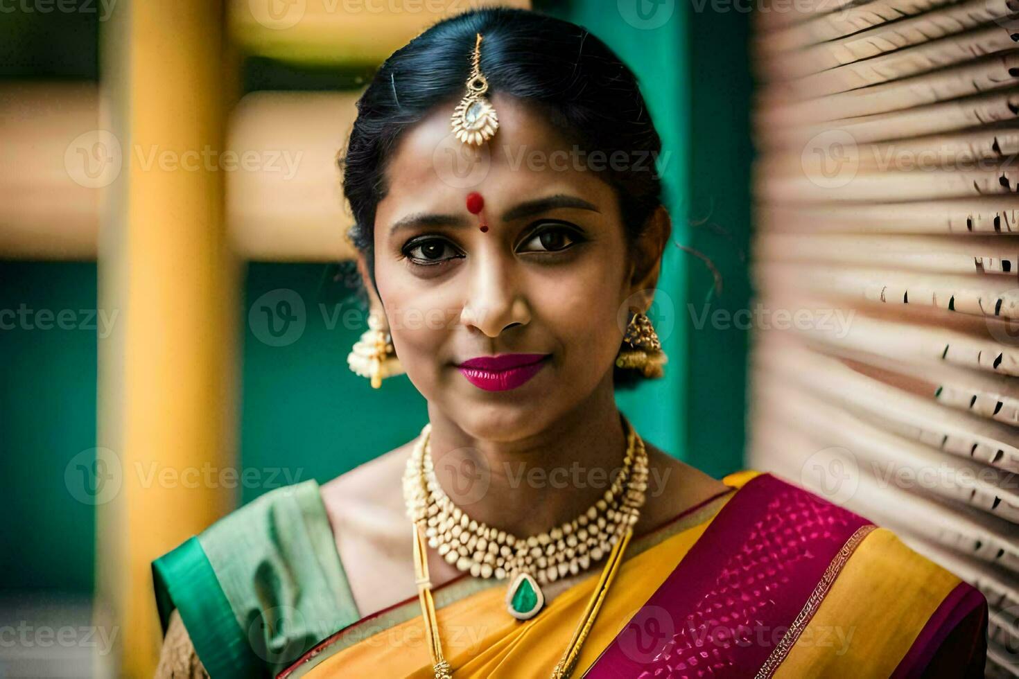 un' donna nel un' tradizionale sari pose per un' ritratto. ai-generato foto