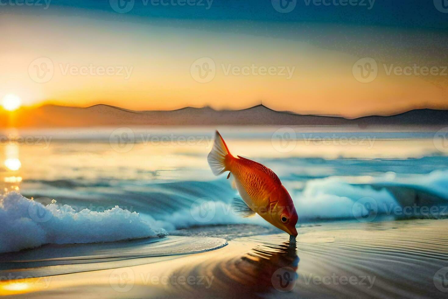 un' pesce è nuoto nel il oceano a tramonto. ai-generato foto