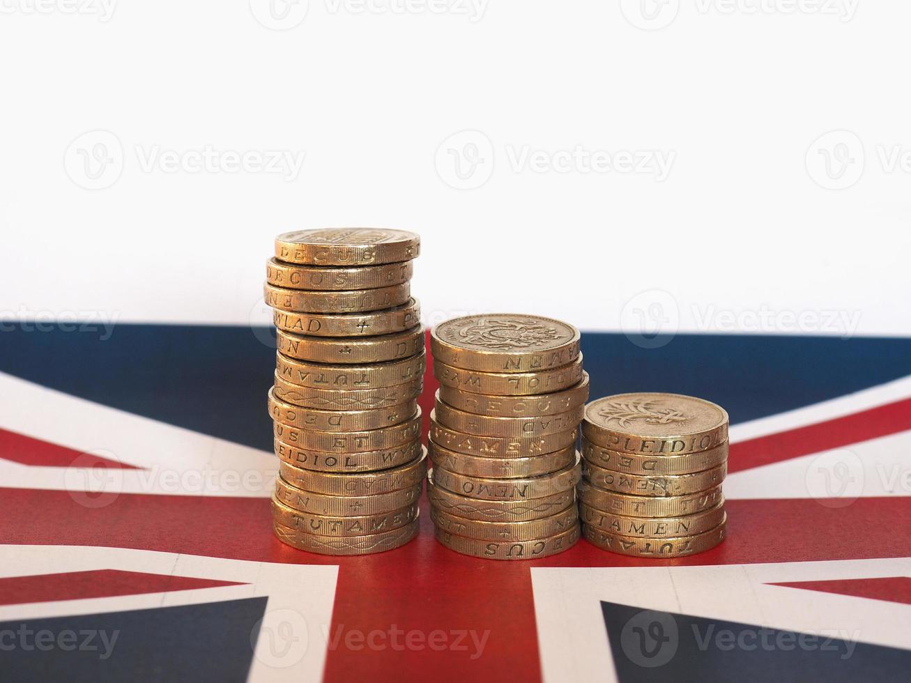 monete da una sterlina, regno unito sopra la bandiera foto
