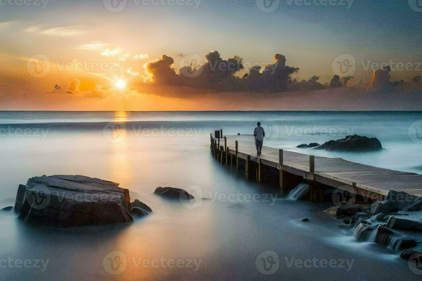 un' uomo sta su un' molo a tramonto. ai-generato foto